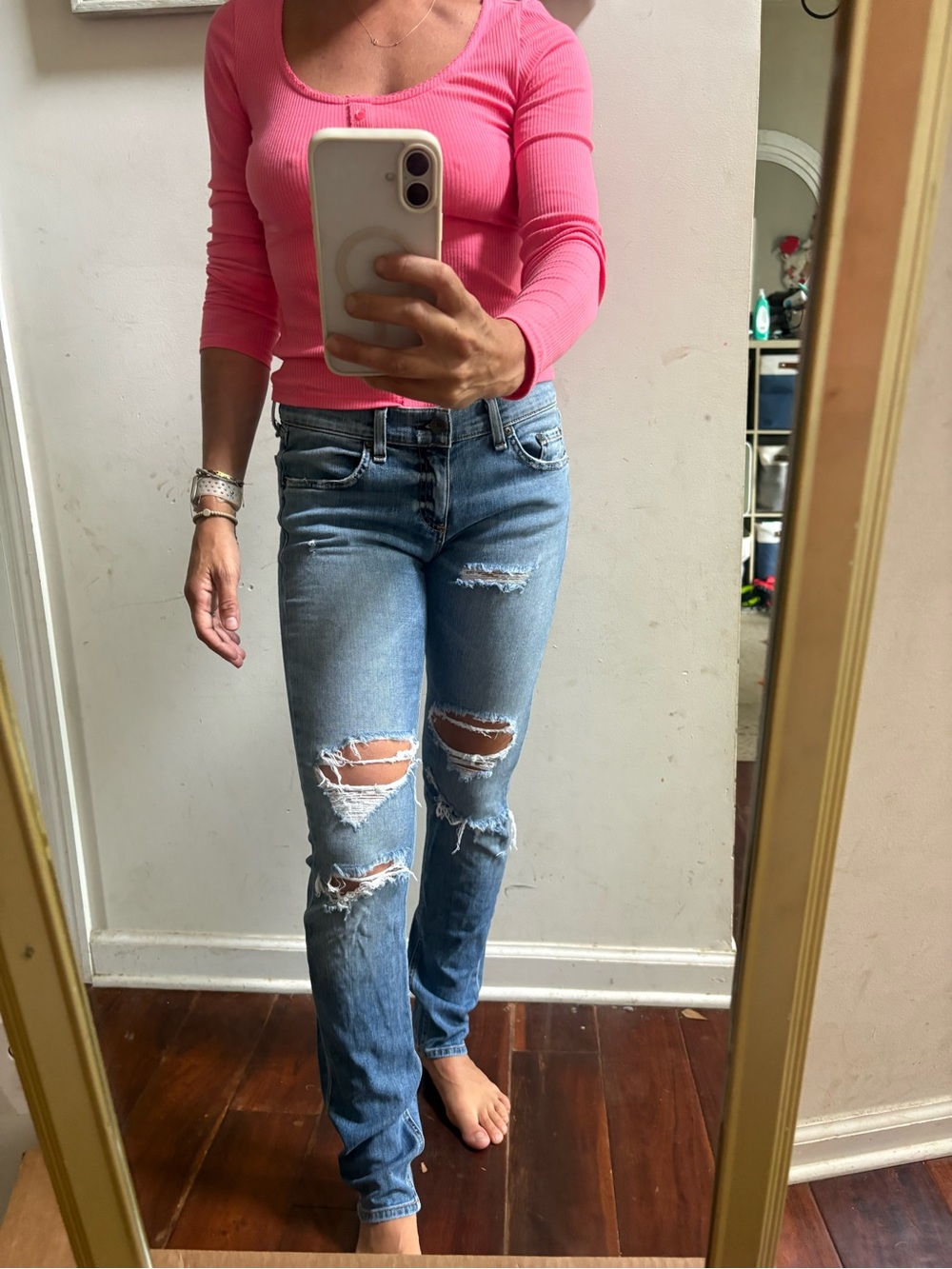 rag & bone Light Blue Distressed Straight-Leg Jeans
